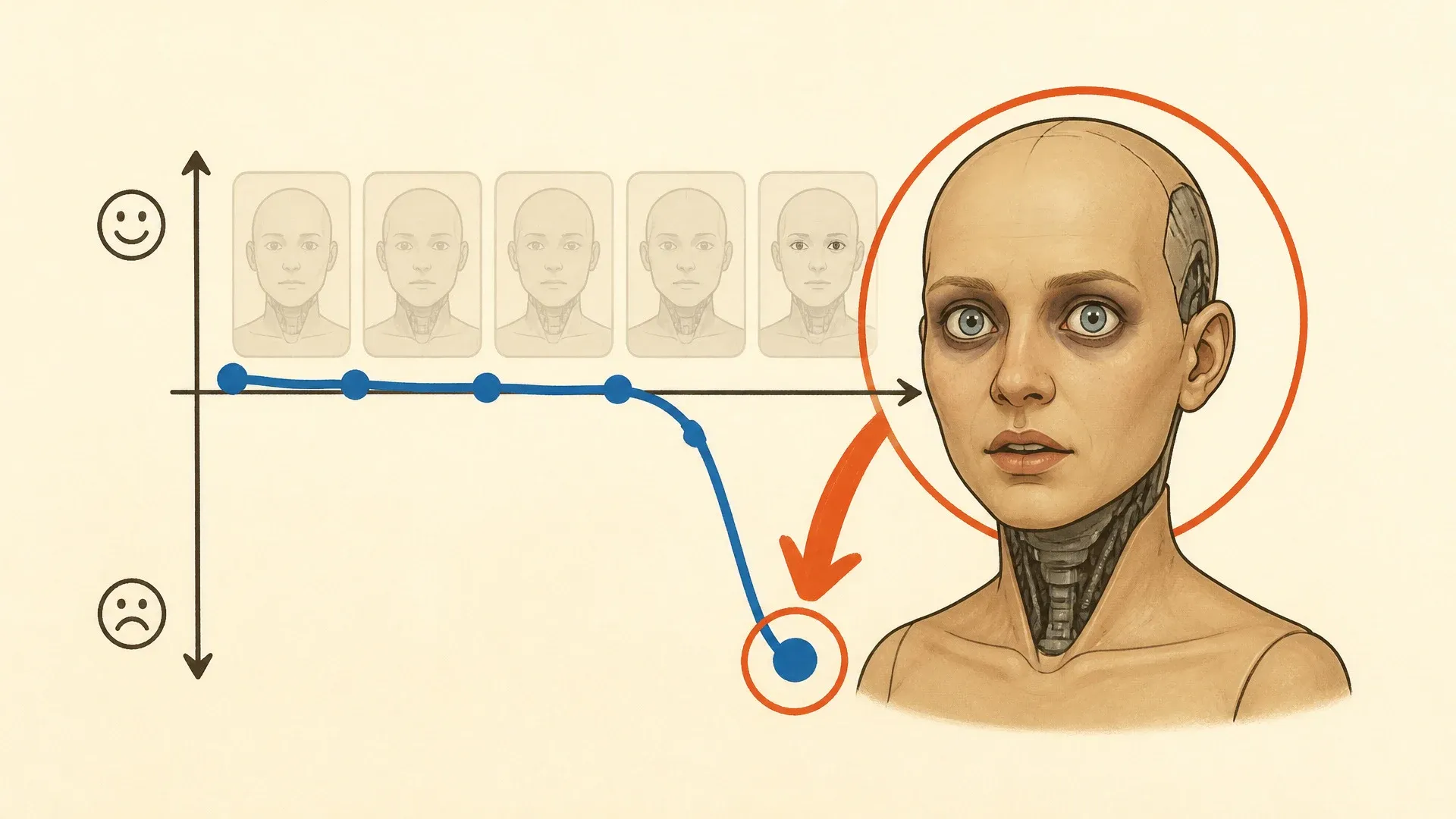 An uncanny-valley graph dropping sharply beside a nearly human android face.