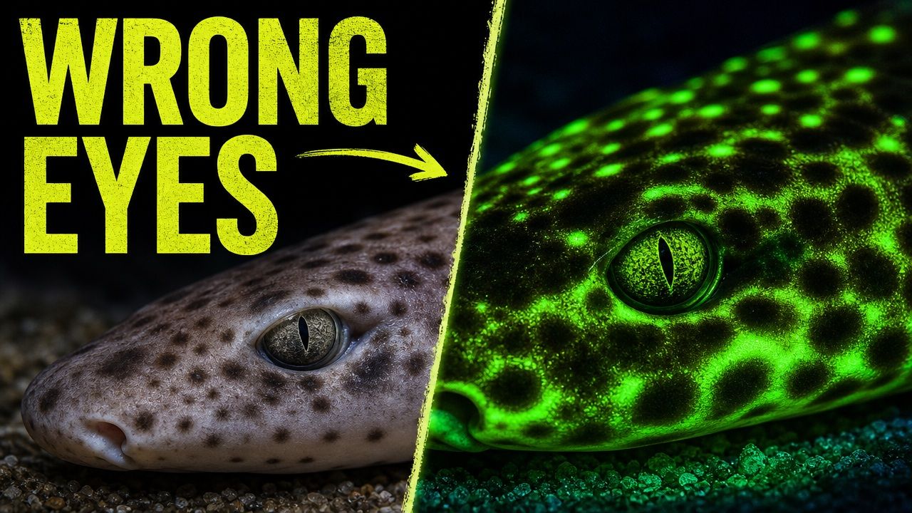 A spotted shark shown in ordinary light beside the same animal glowing bright green.