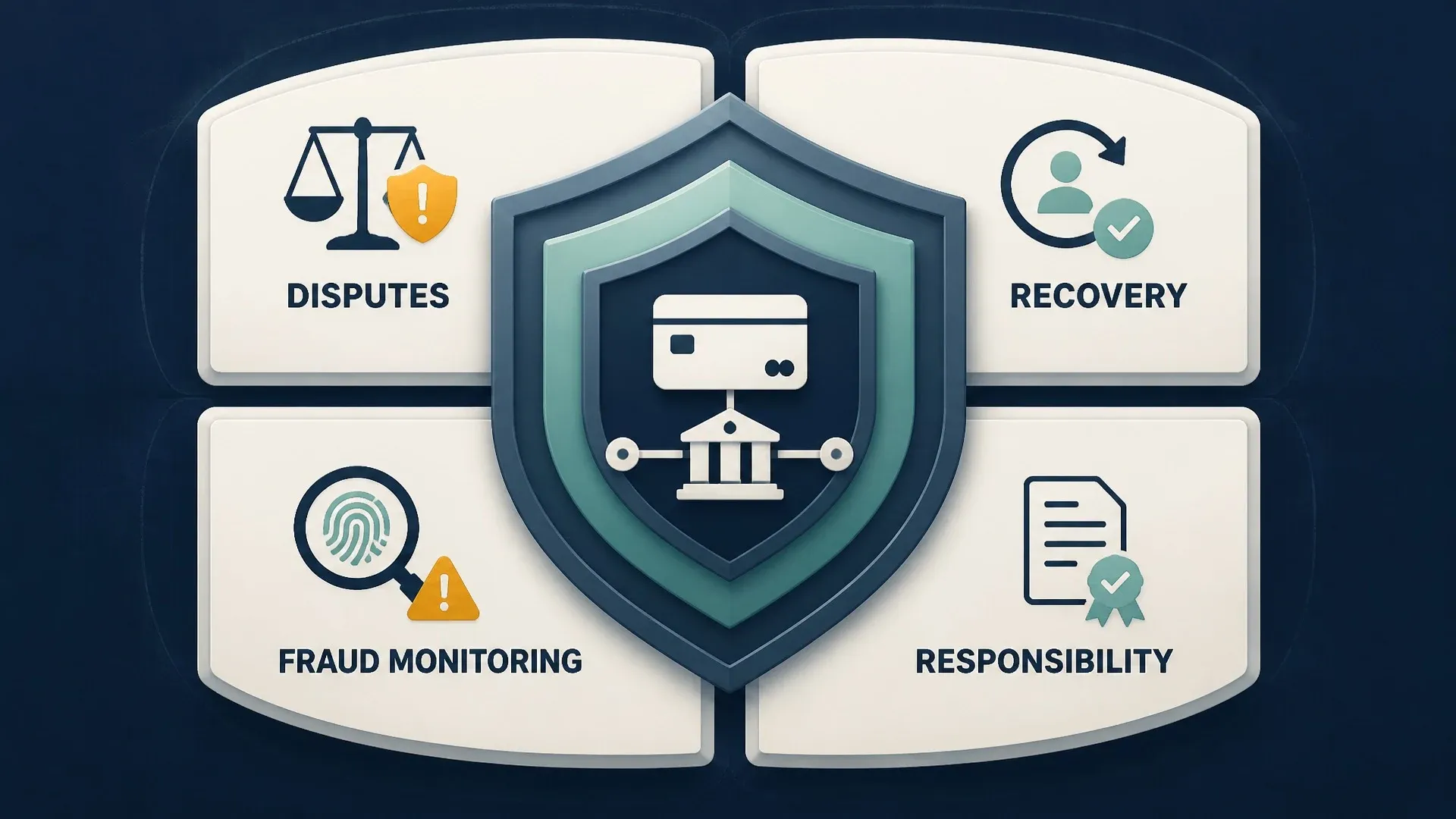 A shield groups disputes, account recovery, fraud monitoring, and legal responsibility around a payment card.