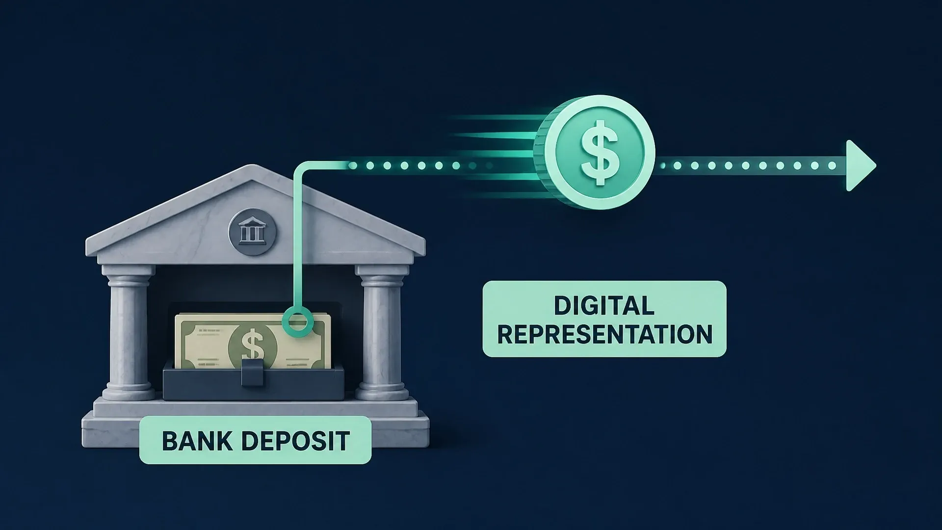 A bank deposit is represented digitally inside a bank while a token rail extends outward.