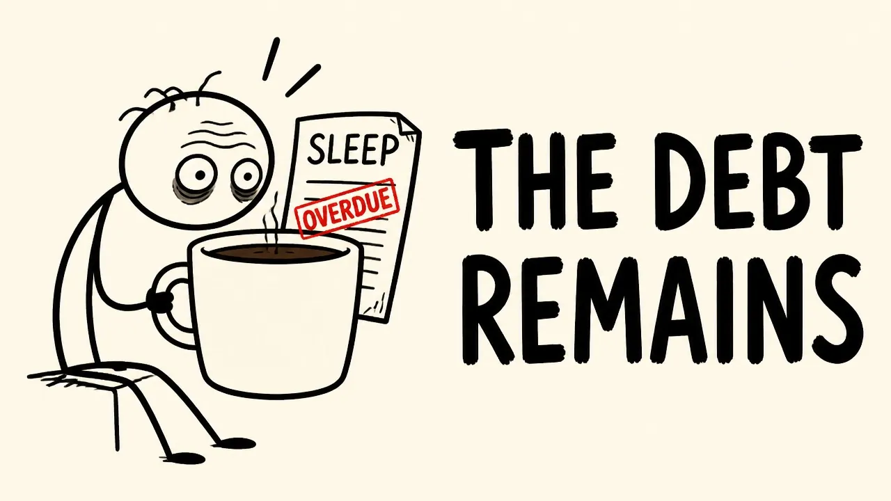 A tired person holds coffee beside an overdue sleep notice and the words The Debt Remains.
