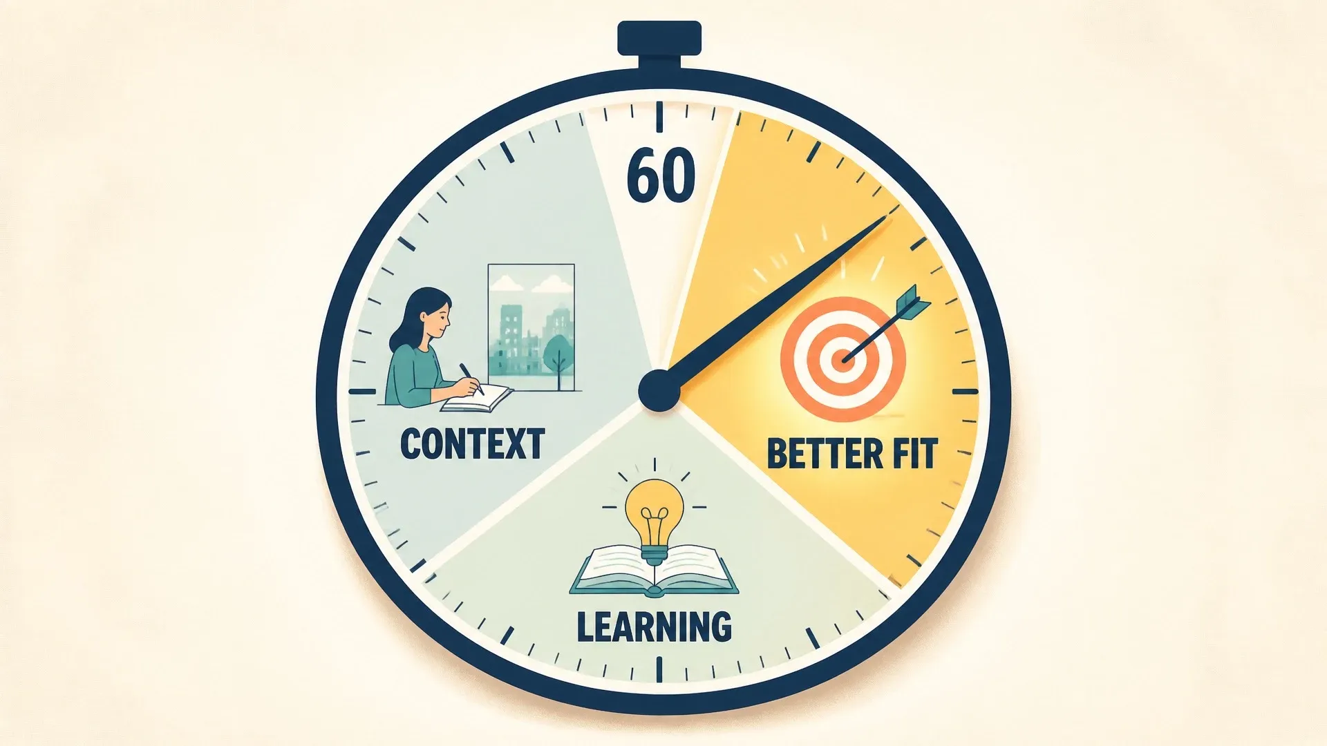 Sixty-second timer divided into context, learning, and better-fit segments for a concise interview answer.