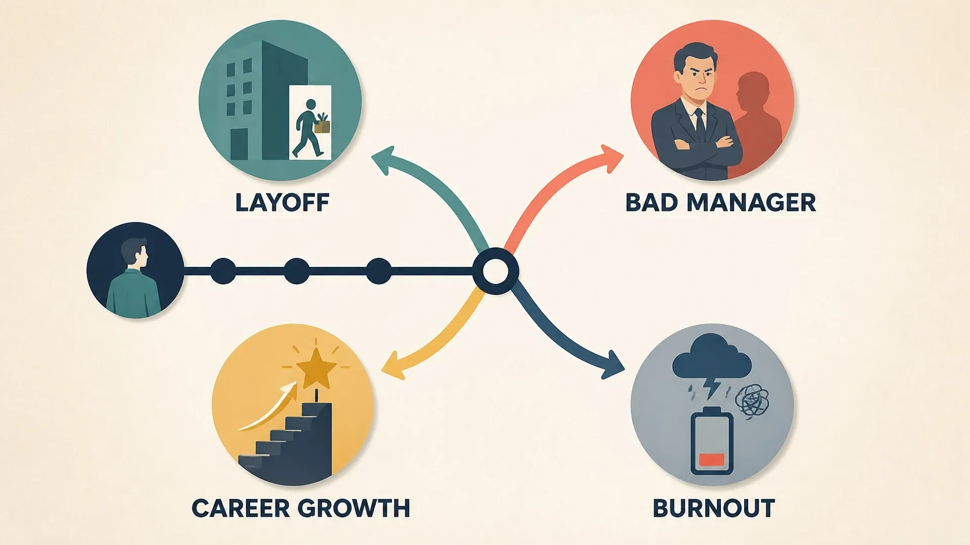 Career path branching toward a layoff, management problem, growth opportunity, or burnout explanation.