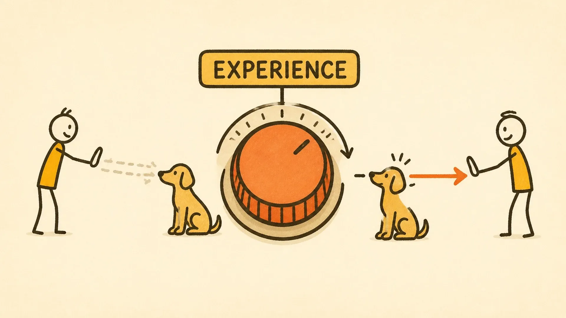 Illustrated experience dial between two repeated scenes of a person gesturing toward a seated dog.