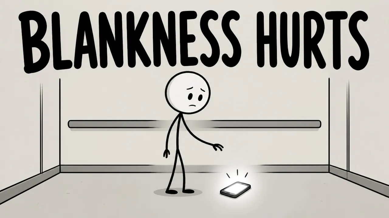 A person in an empty elevator reaches toward a glowing phone beneath the words Blankness Hurts.