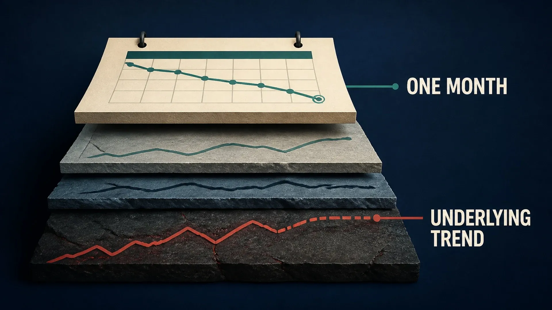 A calm one-month inflation chart floats above several rough layers representing the underlying trend.