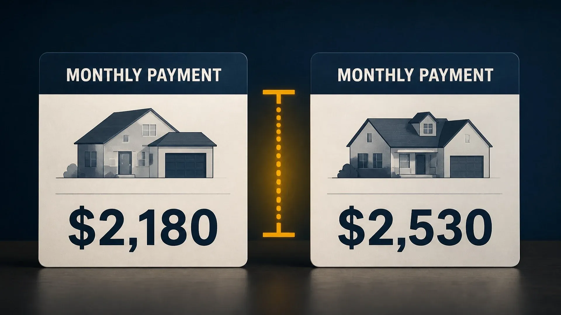 Two homes show different monthly payments of 2,180 and 2,530 dollars under changing mortgage rates.