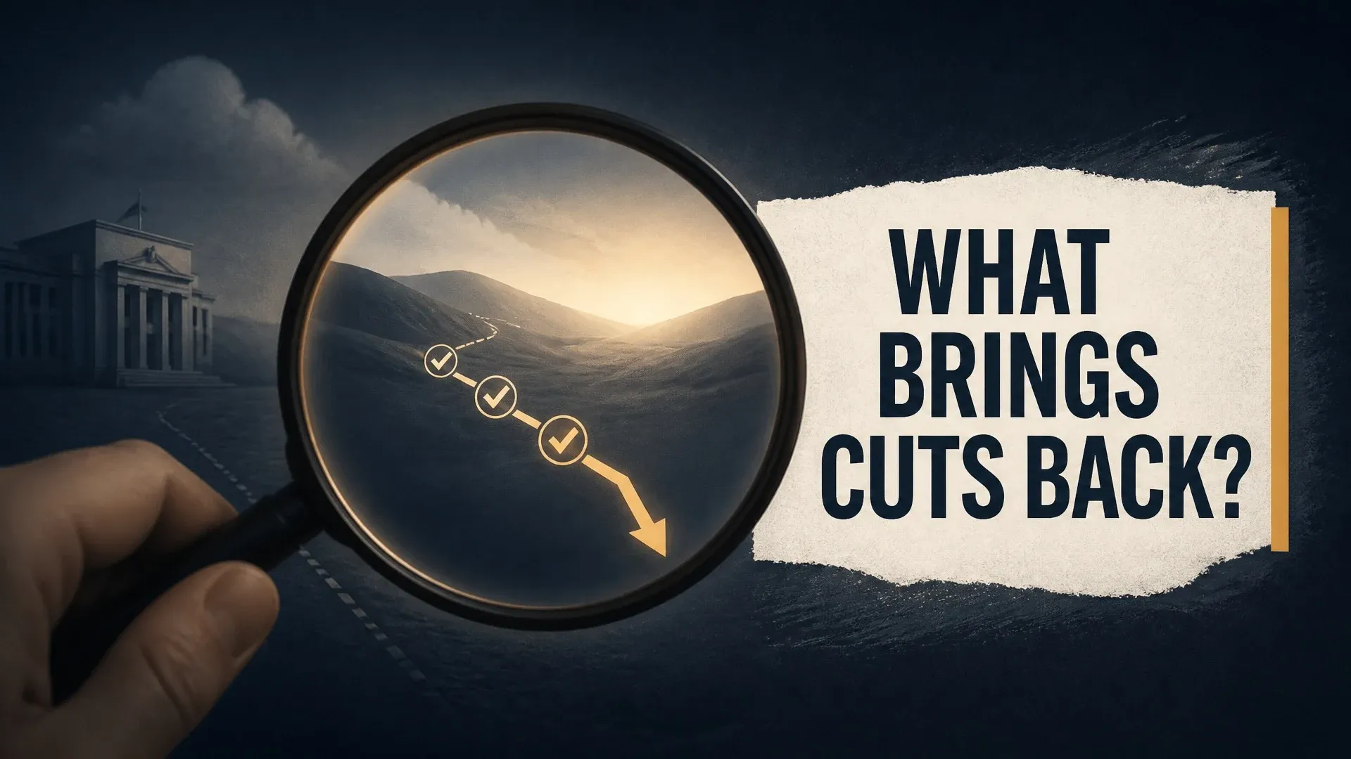 A magnifying glass follows several confirmed checkpoints on a path toward lower rates.