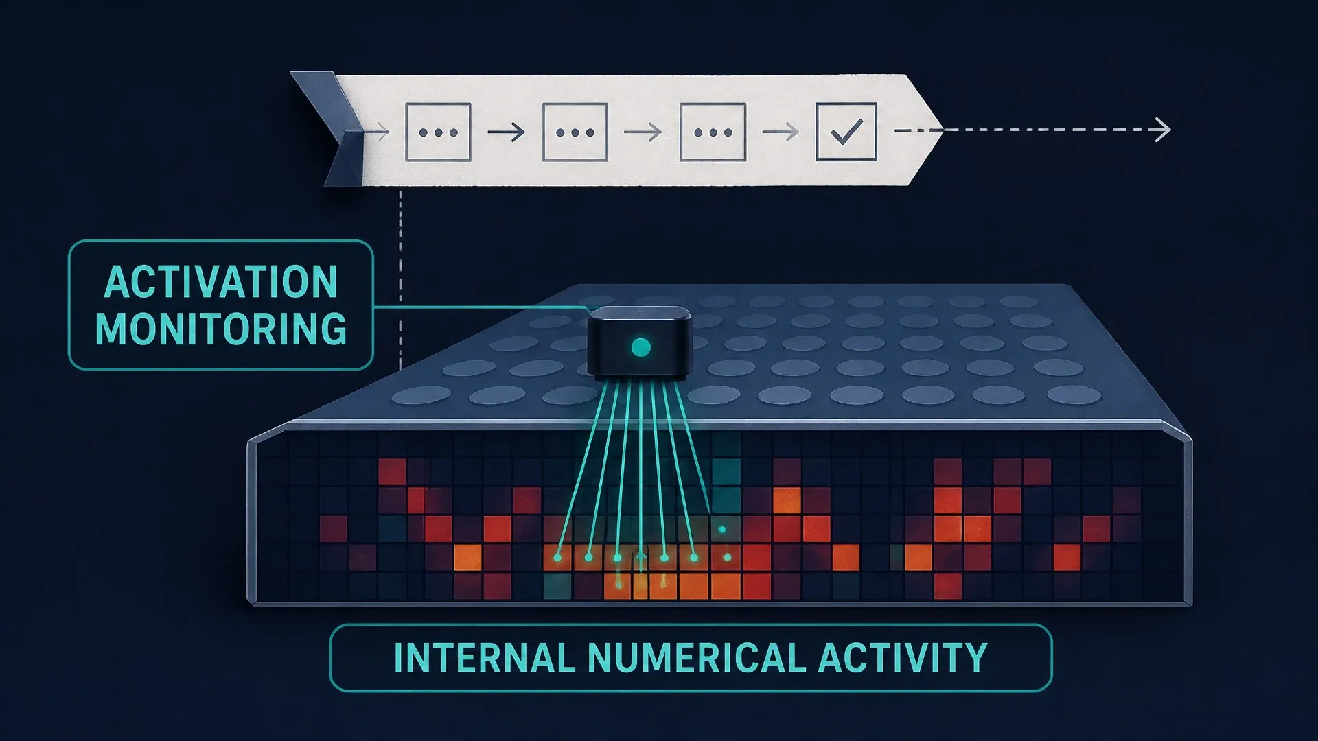 A sensor scans colored activation patterns beneath a sequence of generated reasoning steps.