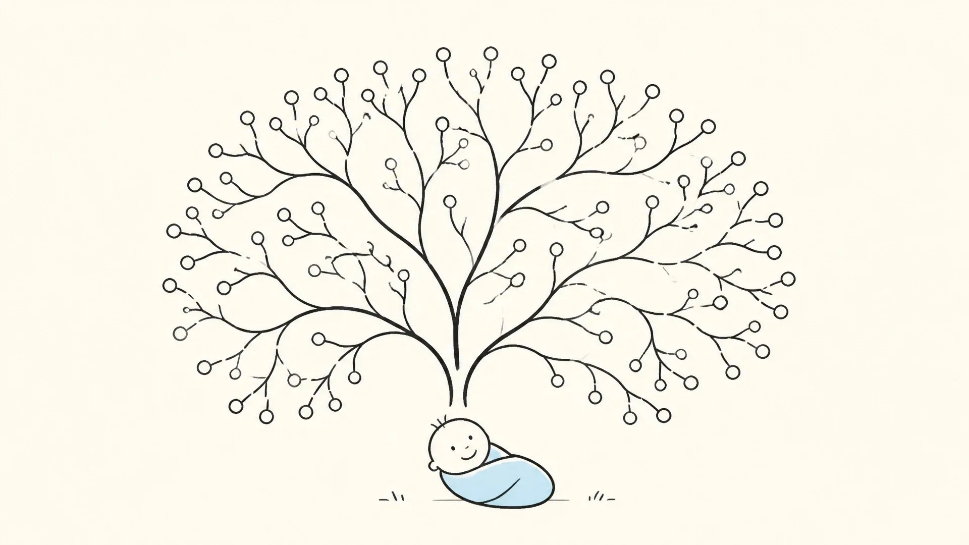 A branching network growing outward above a baby to represent many early neural possibilities.