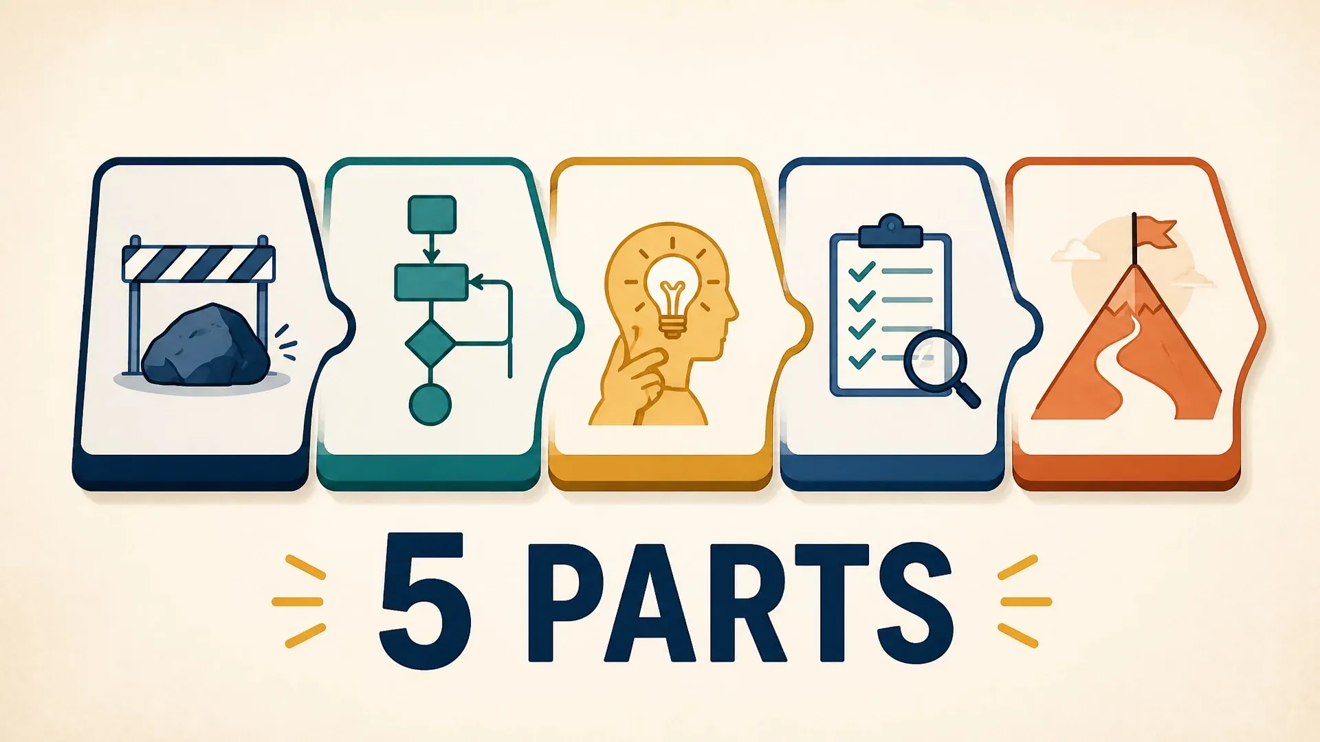 Five illustrated steps move from a work bottleneck through workflow, human judgment, quality checks, and a result.