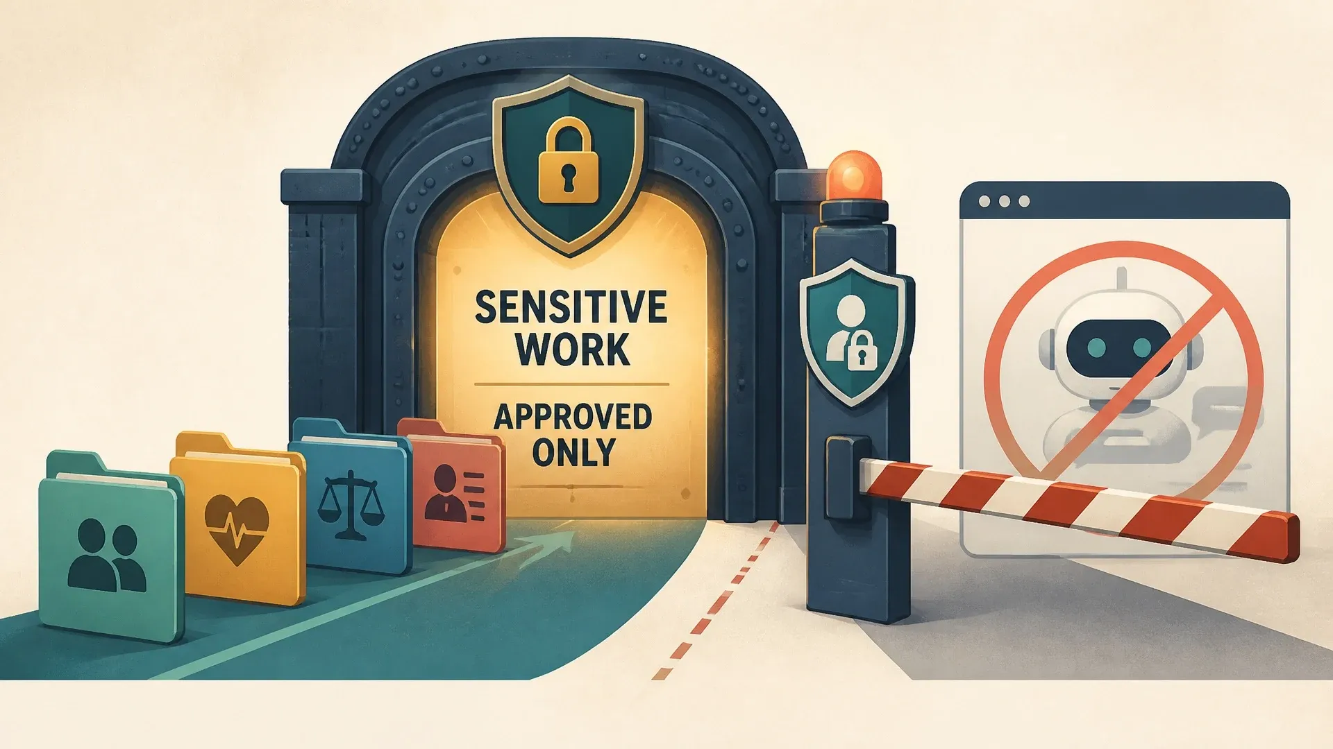 Sensitive health, legal, and personal files remain behind an approved-work boundary while an unapproved AI tool is blocked.