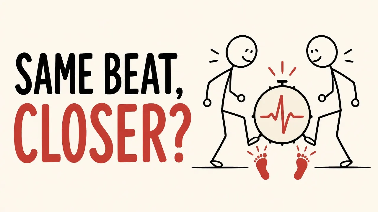 Two simple drawn figures step beside one beat marker and matching footprints under the words Same Beat, Closer?
