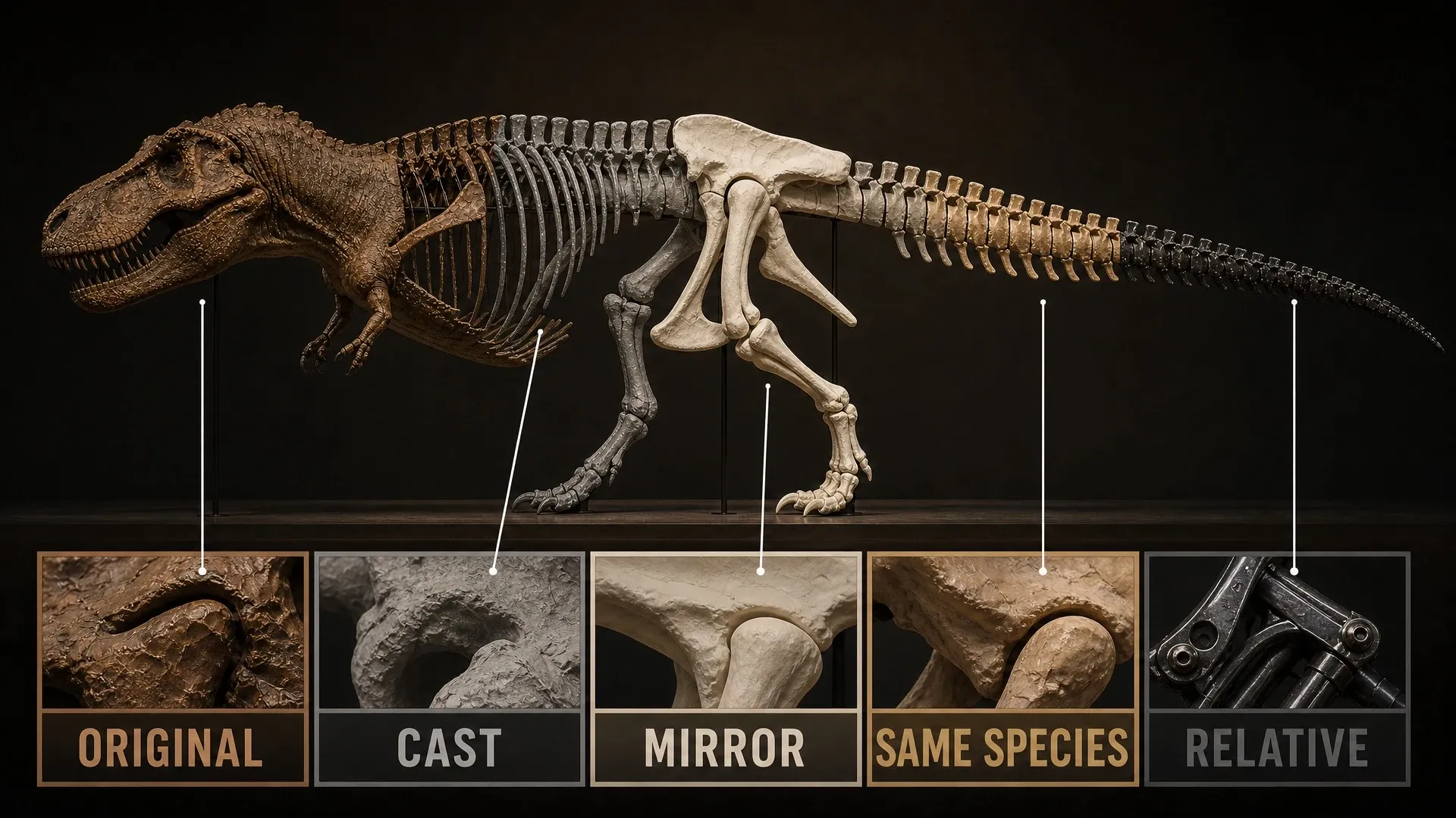 A mounted dinosaur skeleton color-coded into original fossil, cast, mirrored bone, same-species reference, and related-species reconstruction.