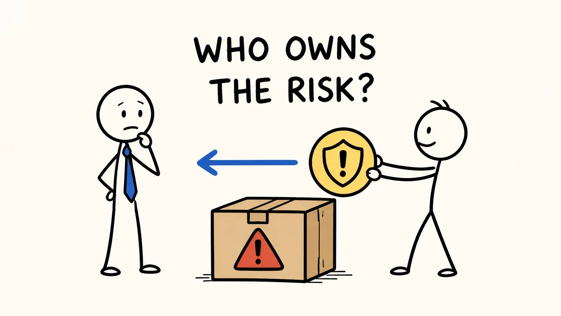 One person asks who owns the risk while another presents a warning-marked box.