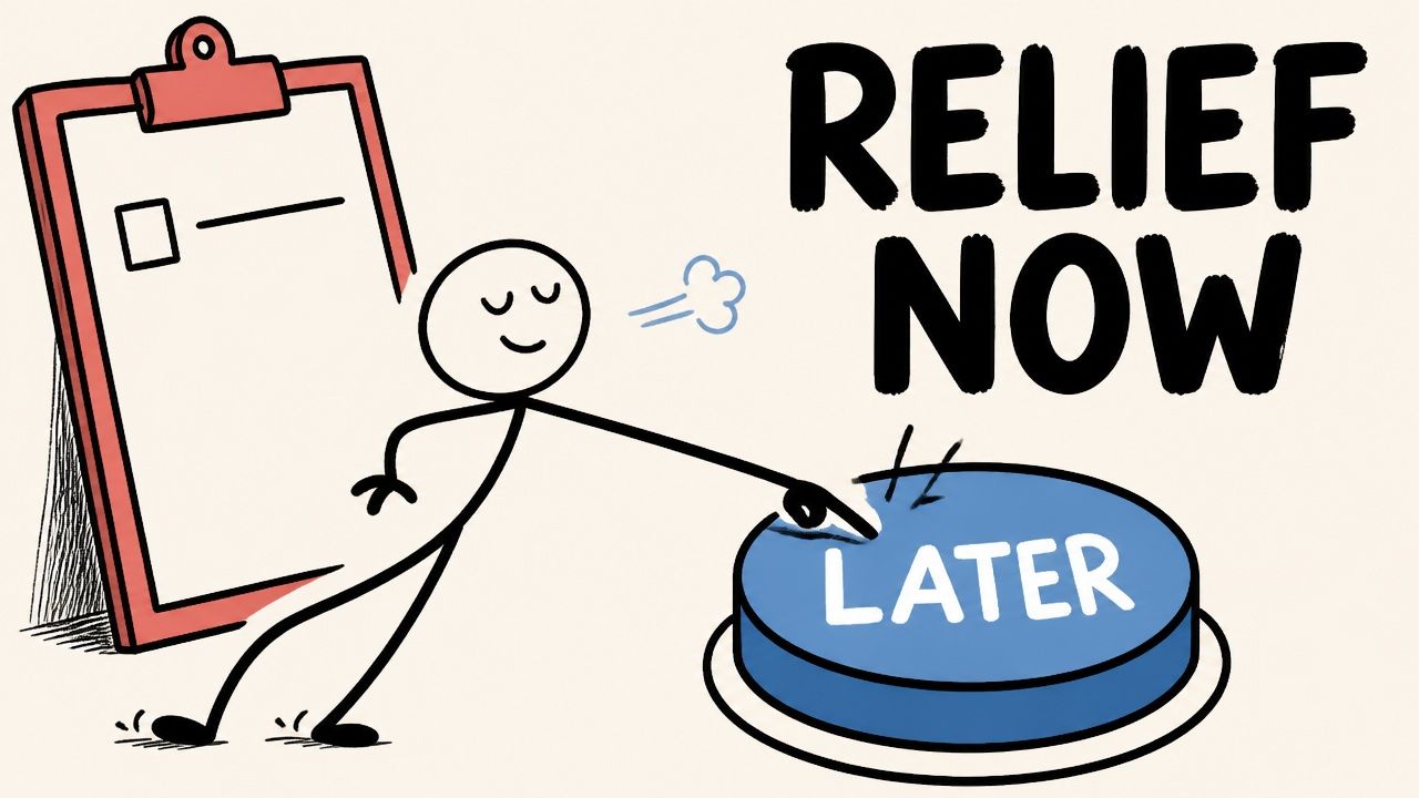 A person leaving an unchecked task list to press a large button labeled Later under the words Relief Now.