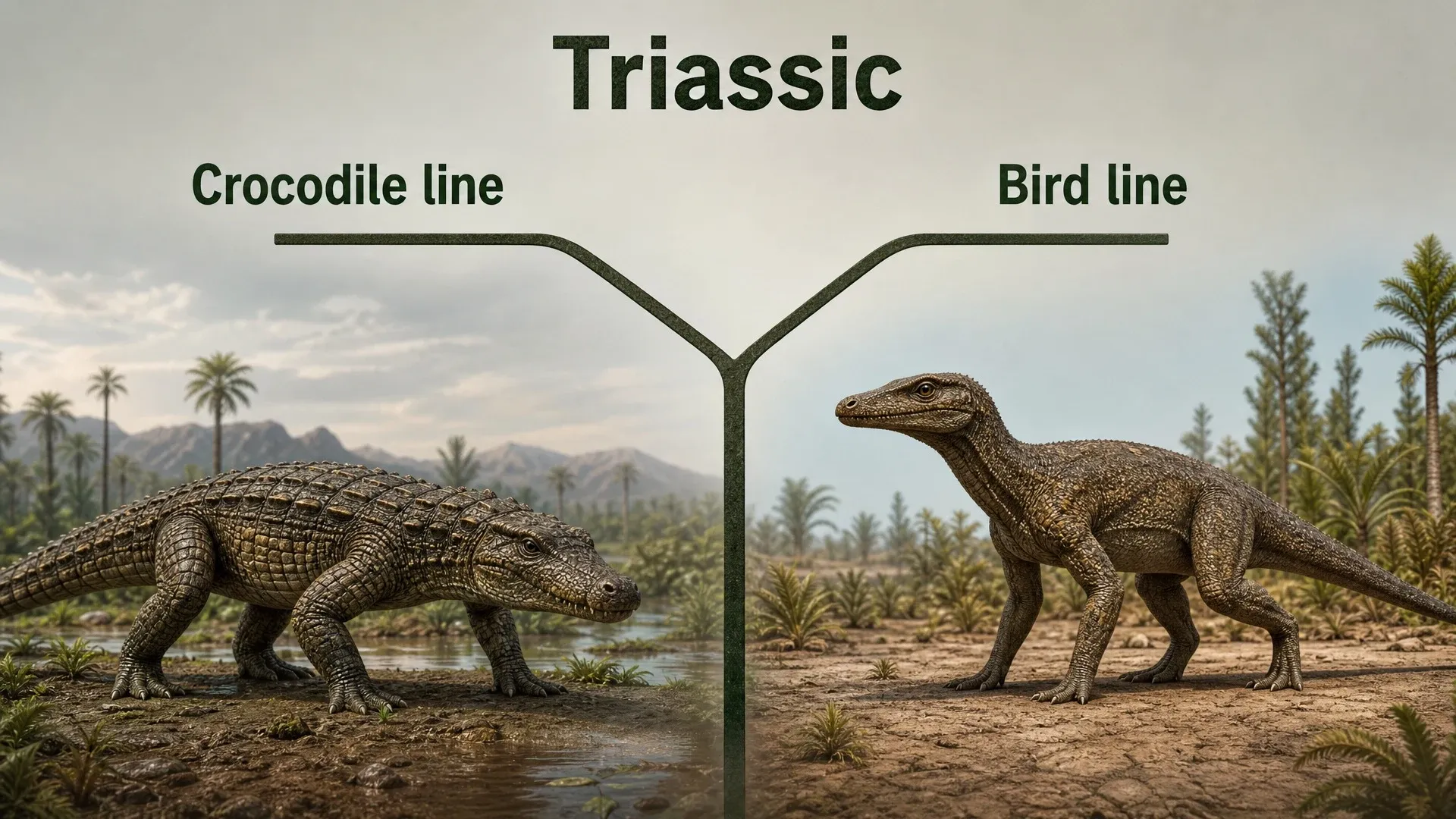 A Triassic family tree separates the crocodile line from the bird line containing pterosaurs and dinosaurs.