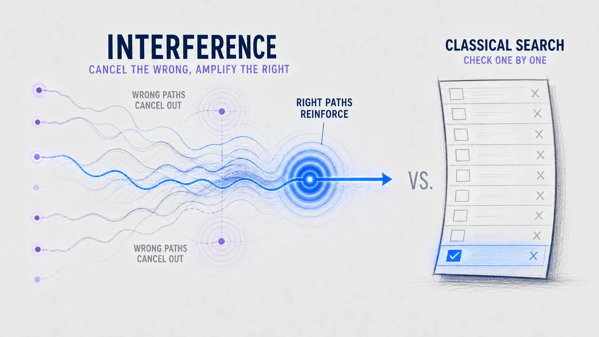 Blue wave paths canceling and reinforcing beside a classical search list and the word Interference.