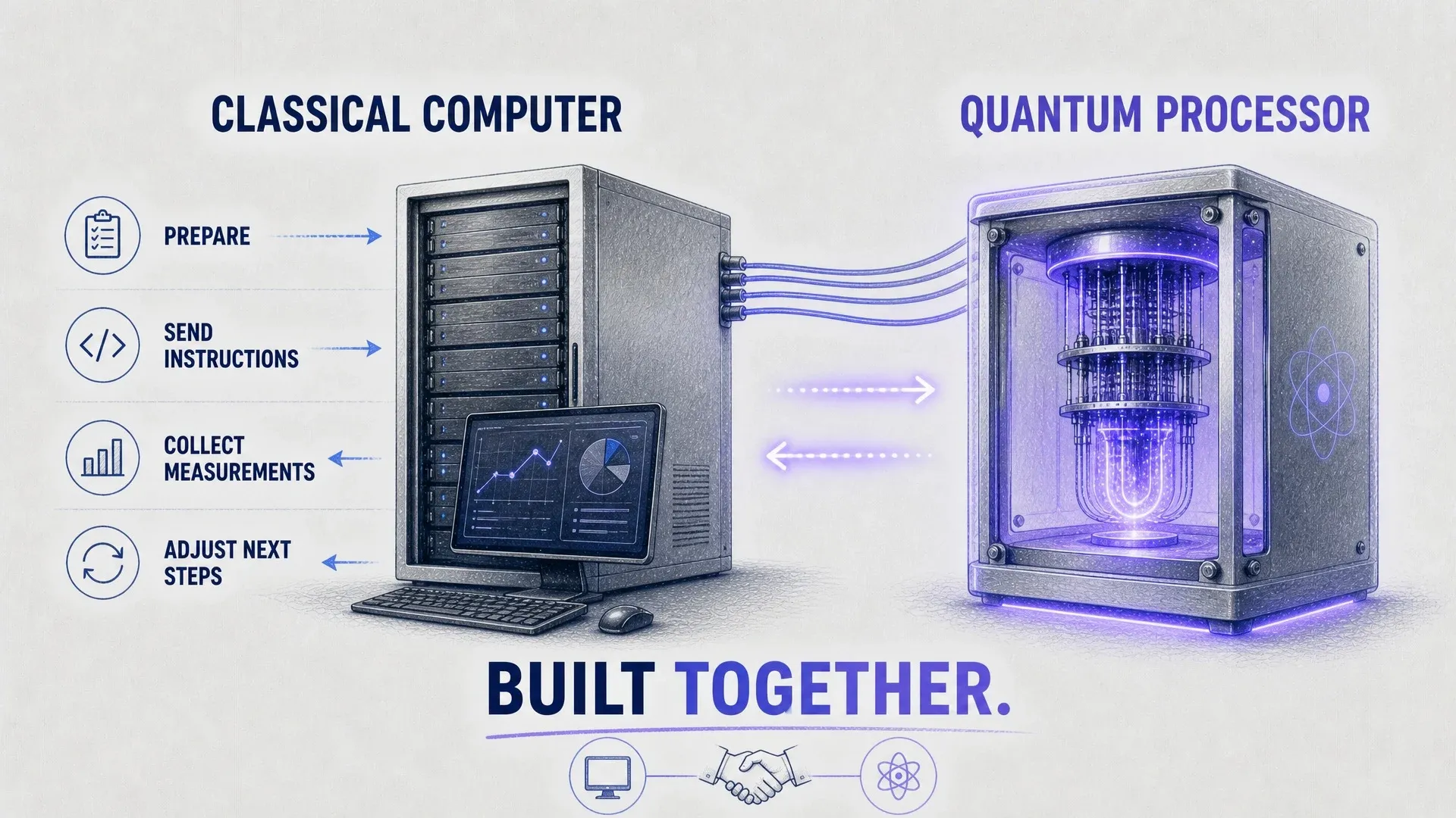 A classical computer preparing instructions and adjusting steps around a separate quantum processor.