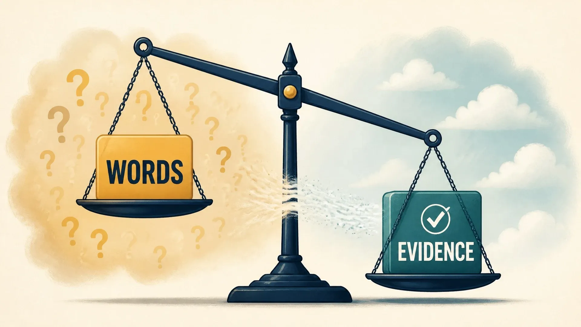 A balance scale showing unsupported words outweighed by a clearly labeled block of evidence.