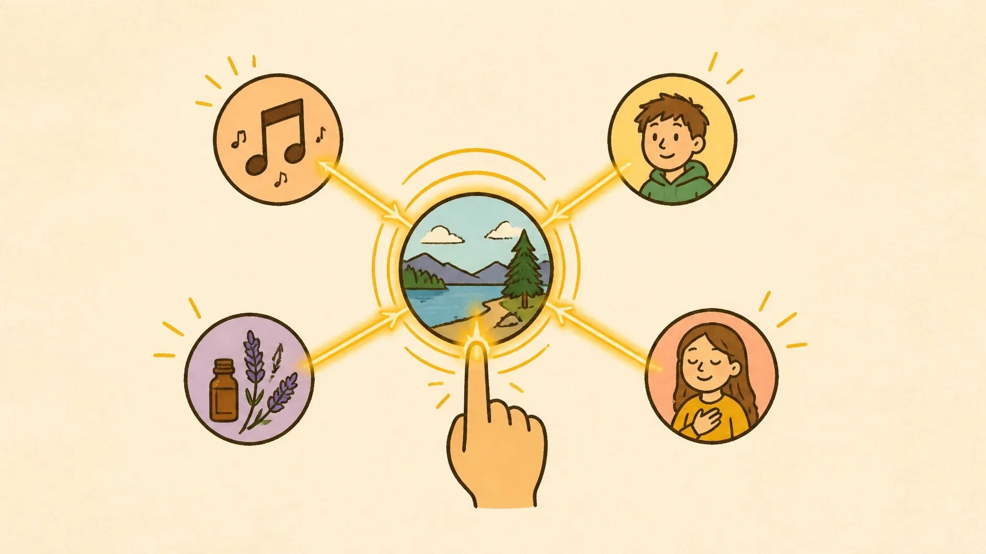 A landscape cue connected to a song, a person, a scent, and an emotion in a memory network.