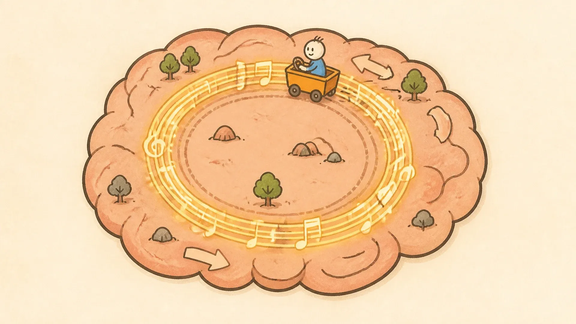 A tiny cart following a circular musical track around the inside of a drawn brain.