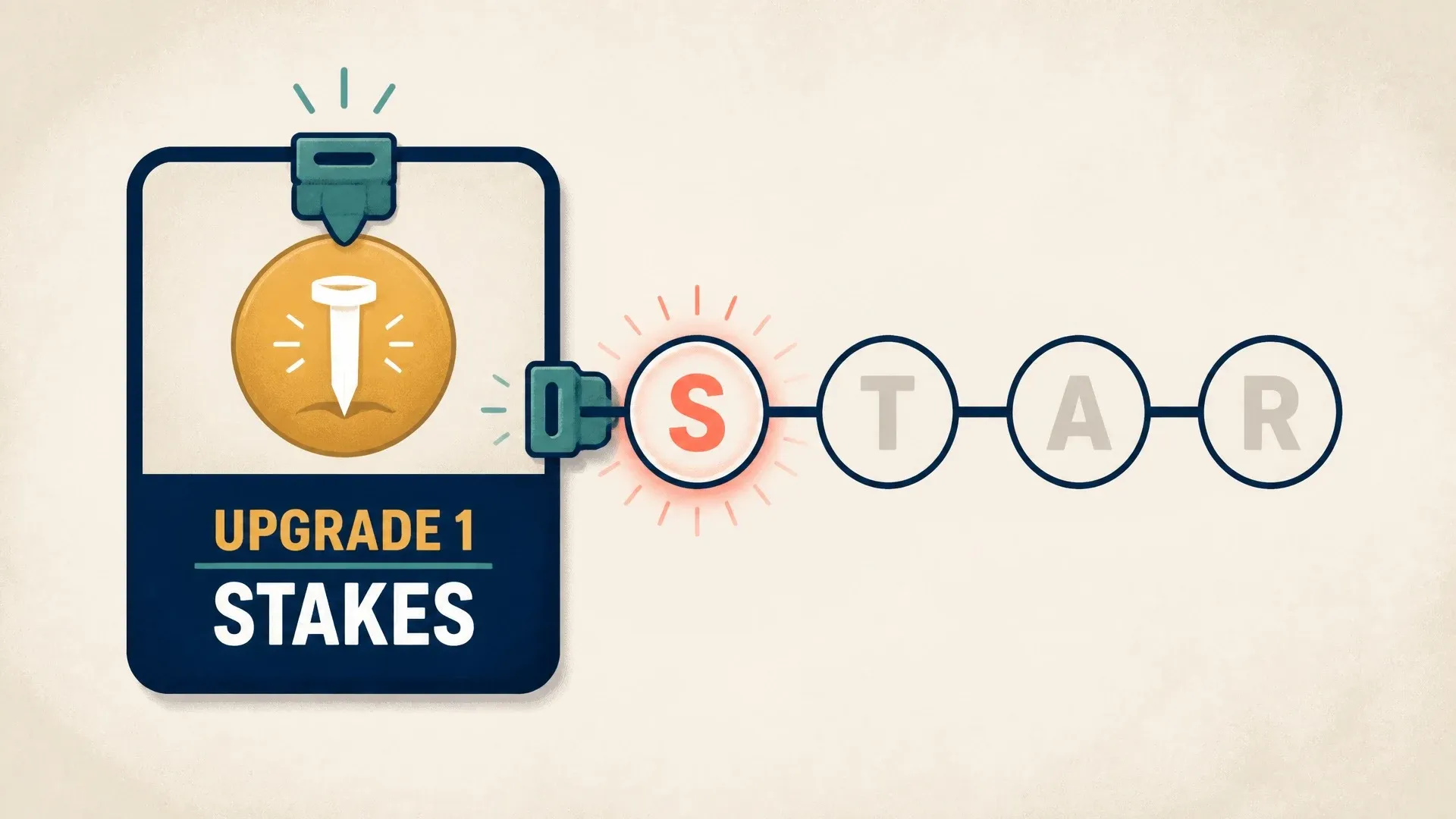A STAR diagram with the Situation position highlighted by a stopwatch and a dollar sign to represent stakes.