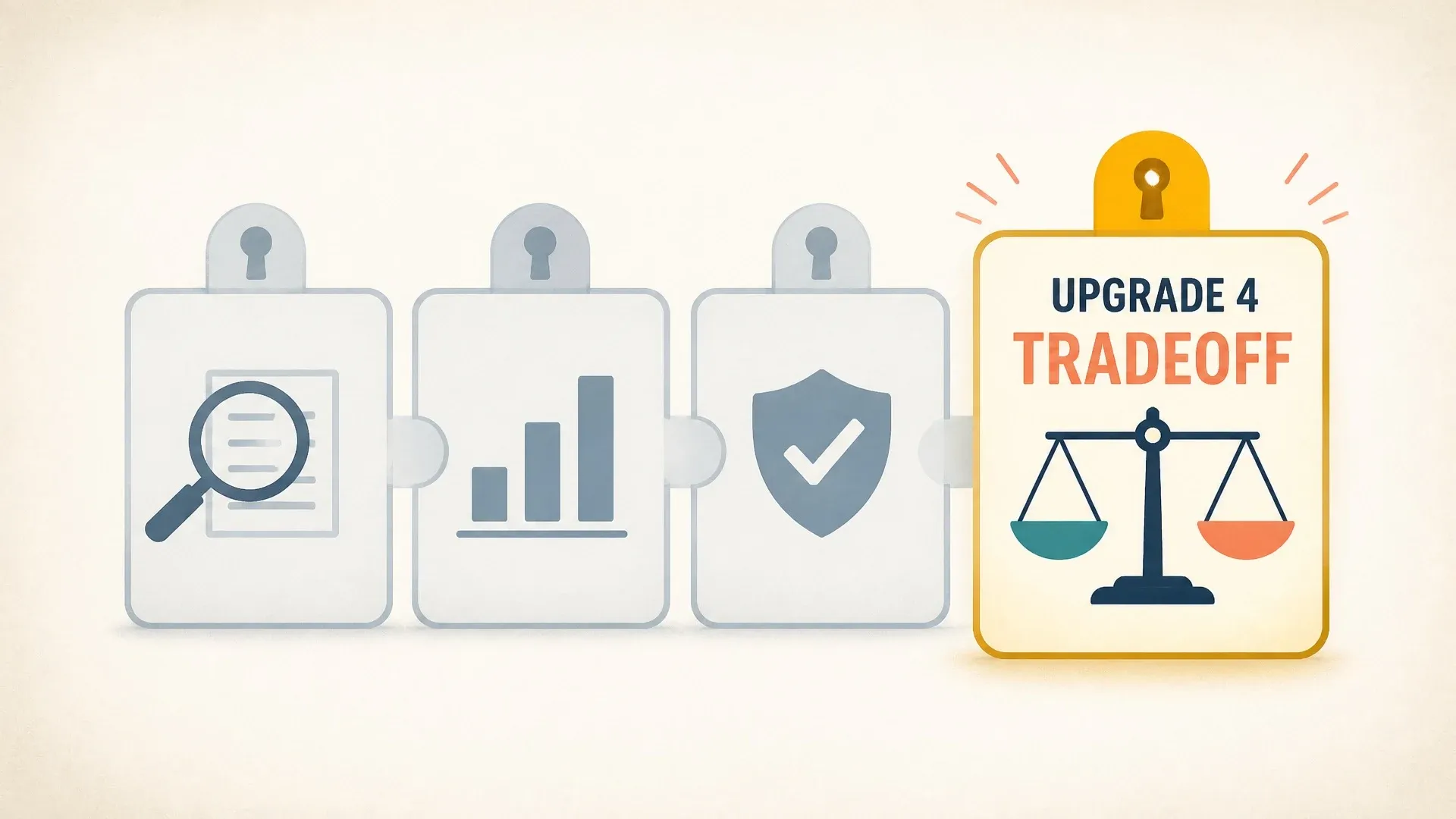 A balance scale beside four work priorities and the label Upgrade 4 Tradeoff.