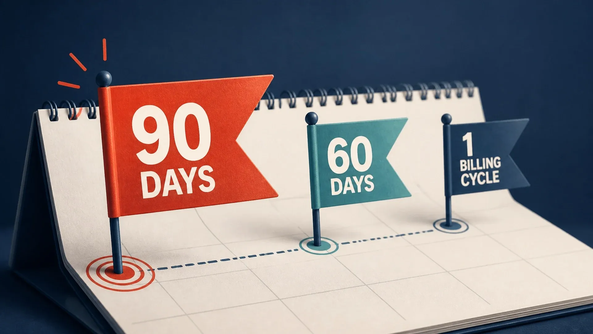 A calendar marks checkpoints ninety days, sixty days, and one billing cycle before a card promotion expires.